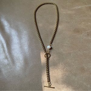 Freshwater pearl lariat toggle gold plated woven chain necklace boho layer white